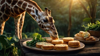 Fototapeta premium A curious giraffe reaches for delicious snacks on a wooden table in a lush green setting