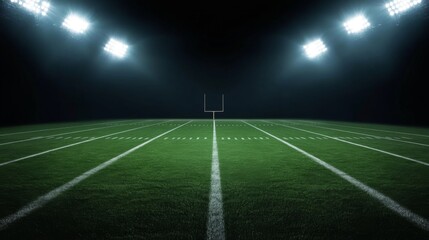 Naklejka premium Football field illuminated by stadium lights with copy space on dark background