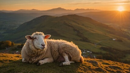 Serene sheep resting on a hillside at sunset, with rolling mountains and a tranquil valley view