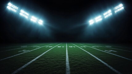 Football field illuminated by stadium lights with copy space on dark background