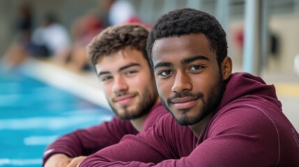 Diverse teens poolside, smiling, spectators blurred