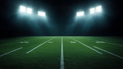 Football field illuminated by stadium lights with copy space on dark background