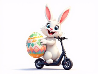 A cheerful Easter bunny riding a scooter with a decorated egg, symbolizing spring joy.