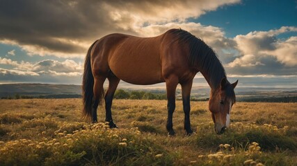 A brown horse grazing peacefully in a golden meadow under a dramatic sky at sunset