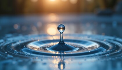 Water droplet impacting still water surface at sunset