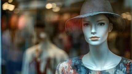 Mannequin in a store window wearing a stylish hat.