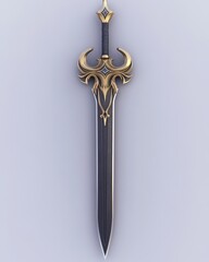 Ornate fantasy sword with gold and black details, isolated on white.