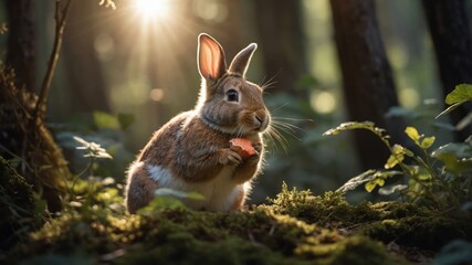 Fototapeta premium A rabbit enjoying a carrot in a sunlit forest, surrounded by lush greenery and soft moss