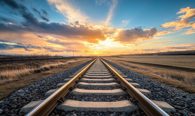 Fototapeta premium Scenic Photograph of Railway Tracks at Sunset - Inspiring Landscape for Travel and Adventure Themes