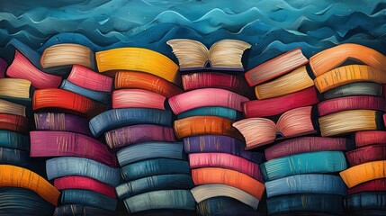 Colorful Whimsical Bookcase Illustration with Vibrant Stacked Books in a Seamless Pattern for Education and Literature