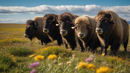 Obraz premium Group of muskoxen grazing in a vibrant meadow, surrounded by colorful wildflowers under a blue sky