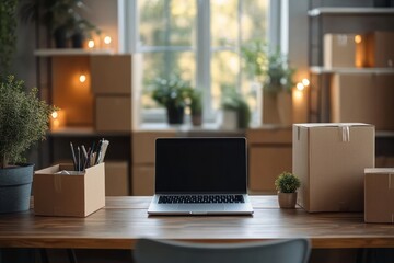 Cozy Home Office with Laptop and Cardboard Boxes on Desk for New Business Setup and Moving Day