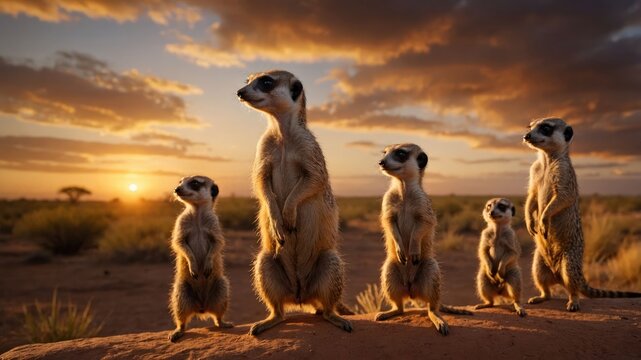 Five meerkats standing alert on a rock at sunset in a vast savannah landscape