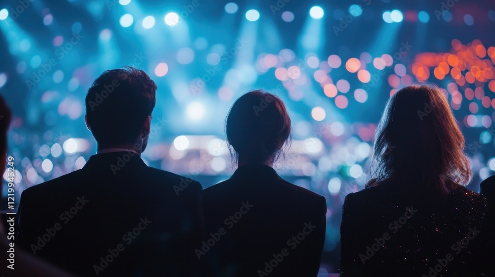 Poster audience watching a performance with colorful lights.