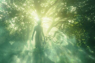 Fototapeta premium Woman standing in a mystical forest bathed in sunlight. A serene and ethereal atmosphere.