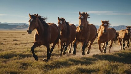 Five horses galloping across a vast grassy field under a clear blue sky with mountains in the background