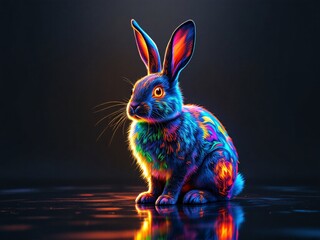 A neon rabbit glowing with vibrant colors in a futuristic, cyberpunk-inspired digital art style.
