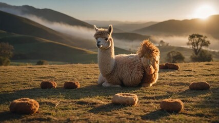 A serene llama resting on a grassy hillside at sunset, surrounded by natural scenery