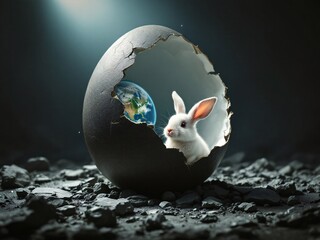 Image of a cute bunny emerging from a cracked egg, symbolizing new life and spring.