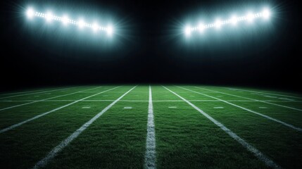 Football field illuminated by stadium lights with copy space on dark background