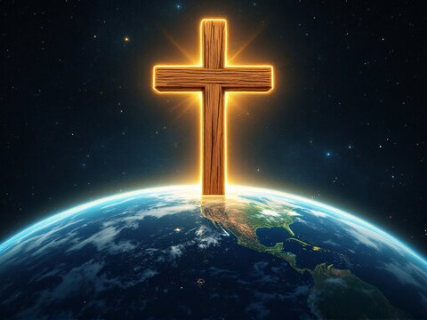 A glowing wooden cross floating in space with Earth in the background, symbolizing faith and divinity.