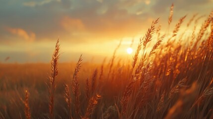 Golden sunset over grassy field, peaceful nature scene, ideal for calming backgrounds