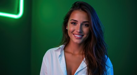 Smiling Woman in White Shirt Green Neon Background Portrait