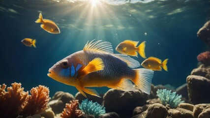 Obraz premium Vibrant underwater scene showcasing a colorful fish surrounded by smaller fish and coral reefs