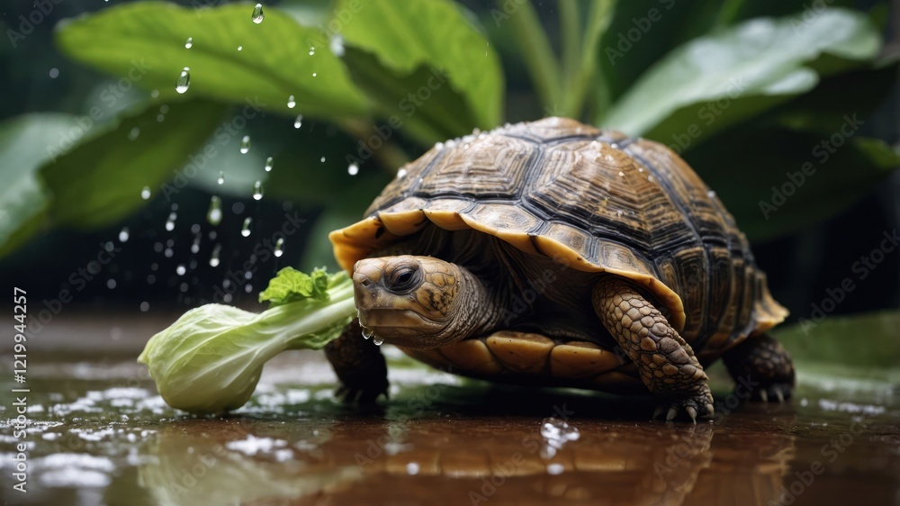 Poster a tortoise munching on lettuce while droplets of water fall around it in a lush environment