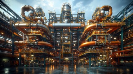 Fototapeta premium A series of large steel pipes at a petrochemical plant, transporting raw materials and refined chemicals from one unit to another within the facility.