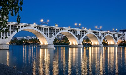 Naklejka premium Illuminated arched bridge at dusk, reflecting in calm river, city lights in background, ideal for travel or architecture projects
