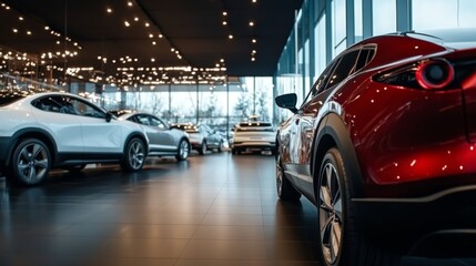Rearview car parked in luxury showroom. Car dealership office. New car parked in modern showroom. Car for sale and rent business concept. Automobile leasing and insurance concept. Electric automobile.