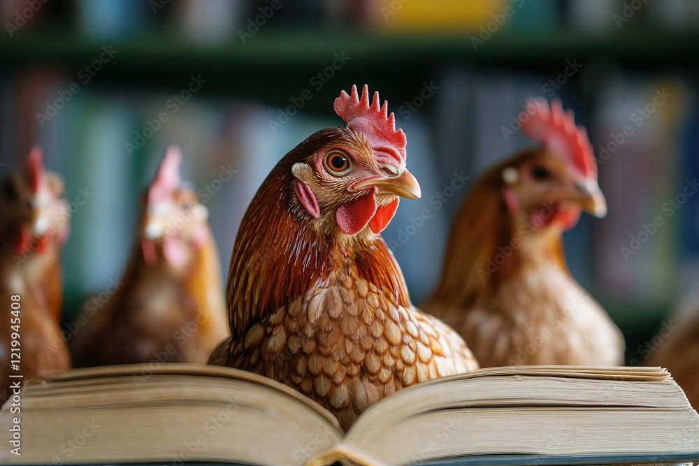 Poster chickens reading a book in a library with bookshelf background