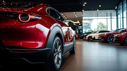 Obraz premium Rearview car parked in luxury showroom. Car dealership office. New car parked in modern showroom. Car for sale and rent business concept. Automobile leasing and insurance concept. Electric automobile.