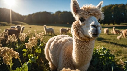 Obraz premium A close-up of a curious alpaca in a sunlit field surrounded by other alpacas and greenery