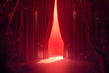 A luxurious stage backdrop features a red curtain that is slightly split in the middle, with gold tassels and soft spotlights illuminating the opening, creating an elegant and dramatic atmosphere