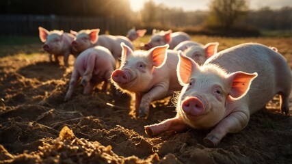 Playful piglets frolic in a sunlit farm field, showcasing natural behavior in serene surroundings