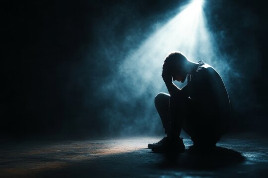 A 3D-rendered image of a figure sitting in an empty, dark room with a single spotlight overhead, their face hidden in their hands as tension and shame are palpable in the air