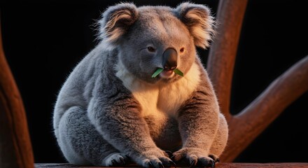 Fototapeta premium Adorable Koala Eating Eucalyptus Leaves at Sunset
