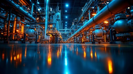 Obraz premium A close-up of a pipeline in an oil refinery, transporting fuel through high-tech equipment and regulatory systems for the safe and efficient movement of crude oil.