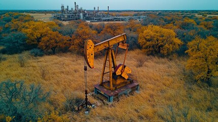 An aerial shot of West Texas showing a pumpjack at work in a field, with the refinery plant in the background processing crude oil into various refined products.
