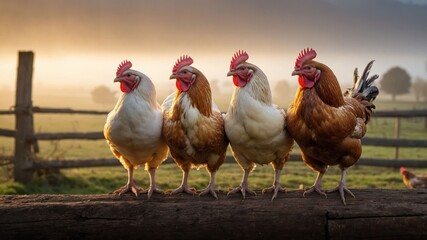 Four chickens standing in a row on a log at sunrise, with a misty farm landscape in the background