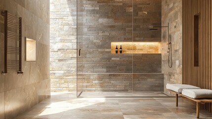 A bathroom with a stone wall and a bench