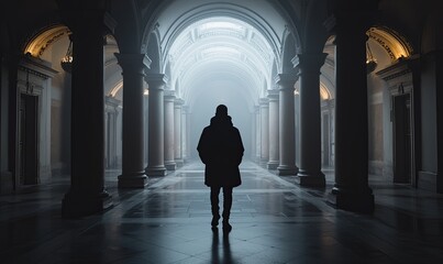 Lone figure in foggy hallway with columns, arches, and light