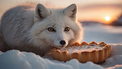 Obraz premium Arctic fox curiously inspecting a dessert pie in a snowy landscape during sunset