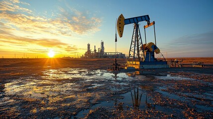 A close-up of a pumpjack in the oil fields of West Texas, with the refinery plant visible in the distance, symbolizing the industrial process of oil extraction and refining.