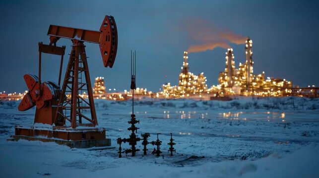 A close-up of a pumpjack in the oil fields of West Texas, with the refinery plant visible in the distance, symbolizing the industrial process of oil extraction and refining.
