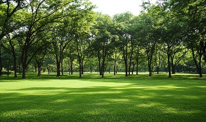 Lush green park with trees and grassy field, ideal for recreation and relaxation