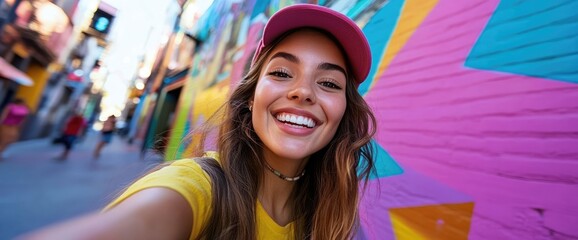 Happy woman selfie, colorful street art, urban background, travel blog