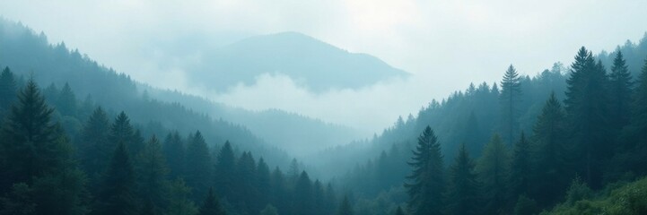 Misty forest in Carpathian mountains with trees veiled by fog, peaceful, serene